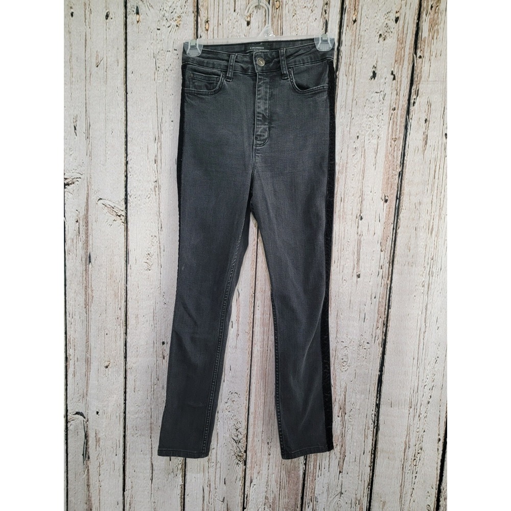 Zara Woman Women's 2‎ Black Velvet Stripe Skinny Slim Blue Jeans Denim Pants EUC